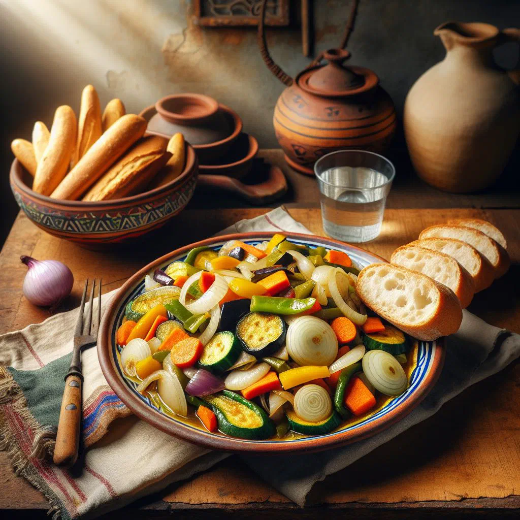 Yassa aux légumes with braised vegetables in a golden onion and mustard sauce