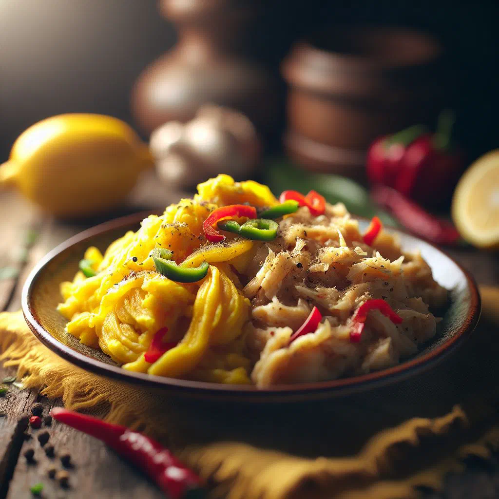 Ackee and saltfish sautéed with peppers, tomatoes and thyme