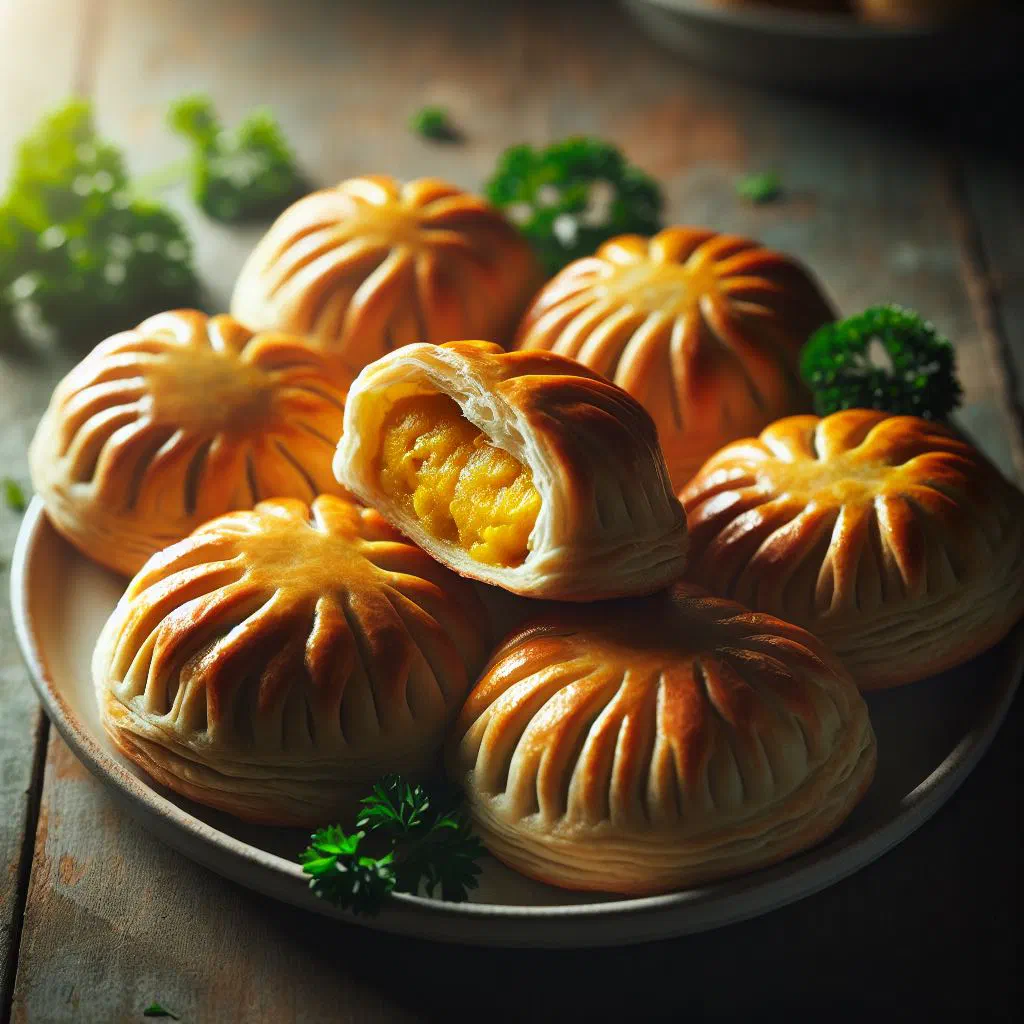 Golden baked ackee patties on a plate