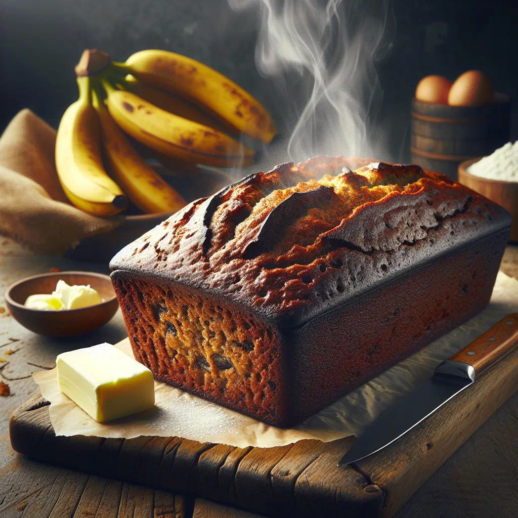 Sliced loaf of Jamaican banana bread on a wooden board