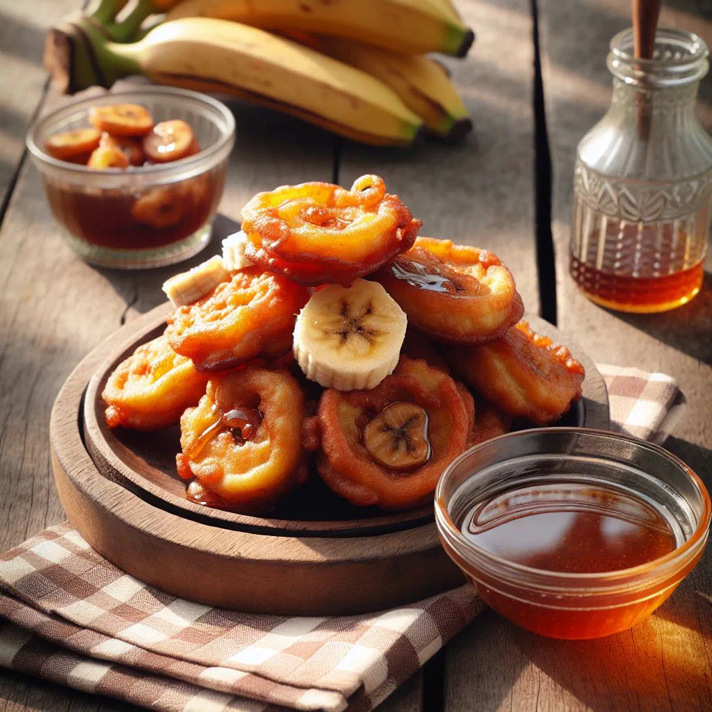 Golden fried banana fritters dusted with sugar on a plate
