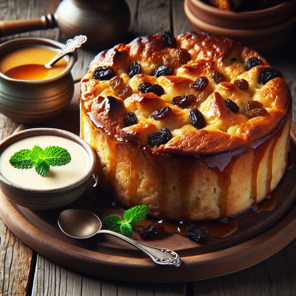 Golden-baked Jamaican bread pudding dusted with cinnamon