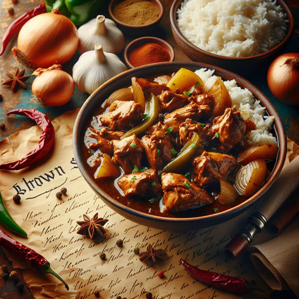 Brown stew chicken in a rich sauce served with rice and peas