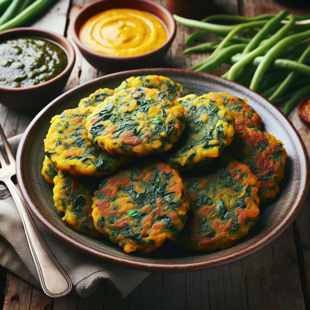 Golden fried callaloo fritters garnished with fresh herbs
