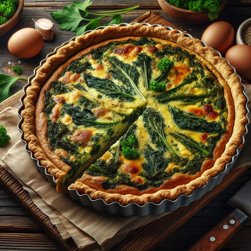 Golden-baked callaloo quiche with cheese and leafy greens
