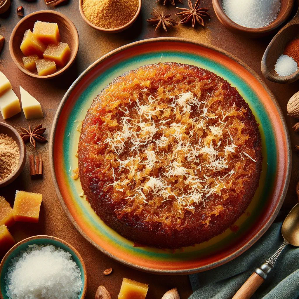Golden-baked cassava pone squares dusted with grated coconut