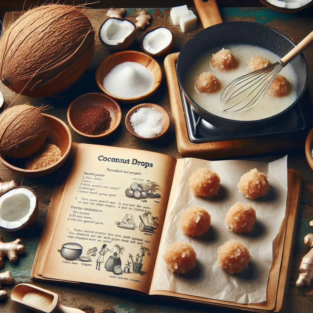 Sticky Jamaican coconut drops cooling on a sheet of baking paper