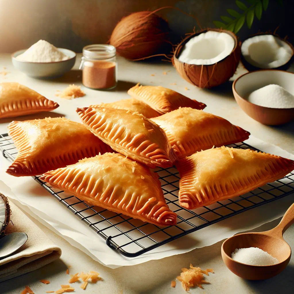 Golden baked coconut turnovers dusted with sugar on a plate