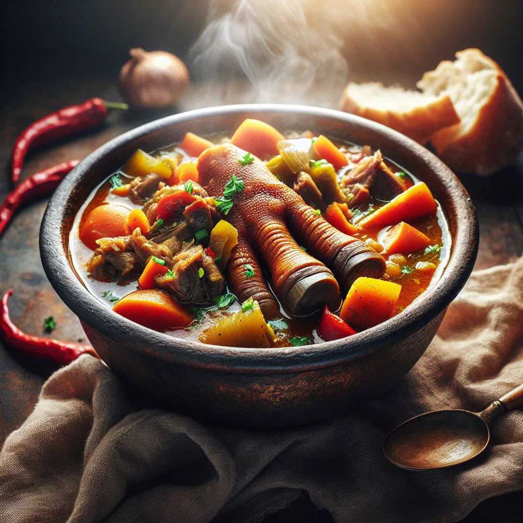 Rich Jamaican cow foot stew in a bowl with vegetables and thick gravy