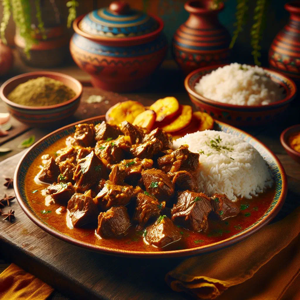 Bowl of Jamaican curried goat in a rich curry sauce with rice