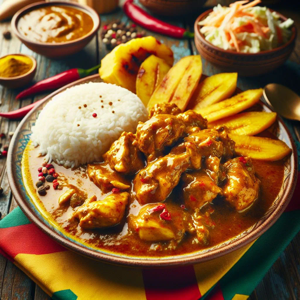 Jamaican curry chicken in a rich golden coconut sauce with peppers