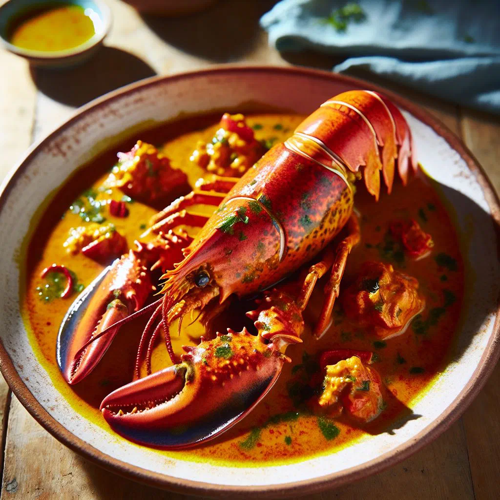 Curry lobster in a golden coconut curry sauce garnished with fresh coriander