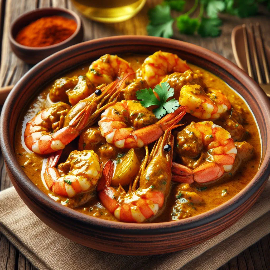 Jamaican curry shrimp in a creamy coconut sauce garnished with fresh coriander