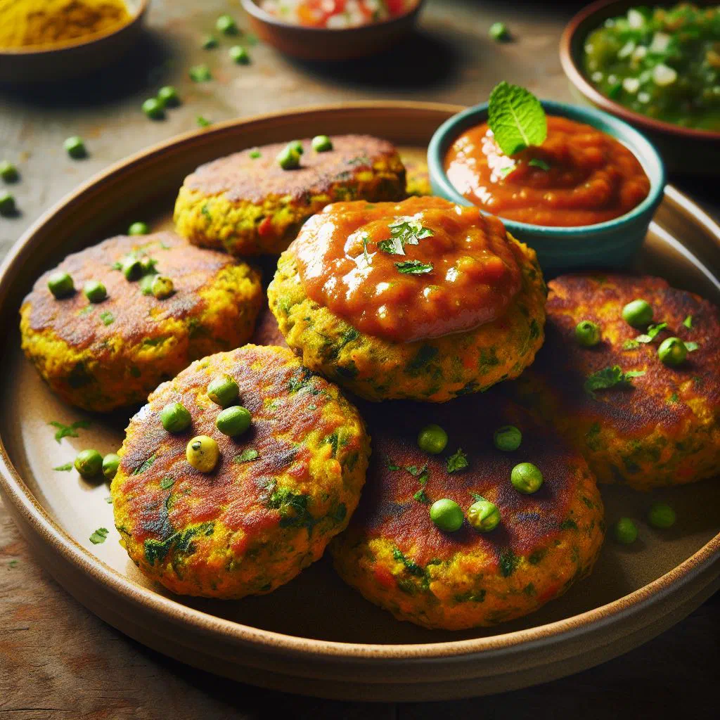 Golden baked curry veggie patties on a plate garnished with parsley