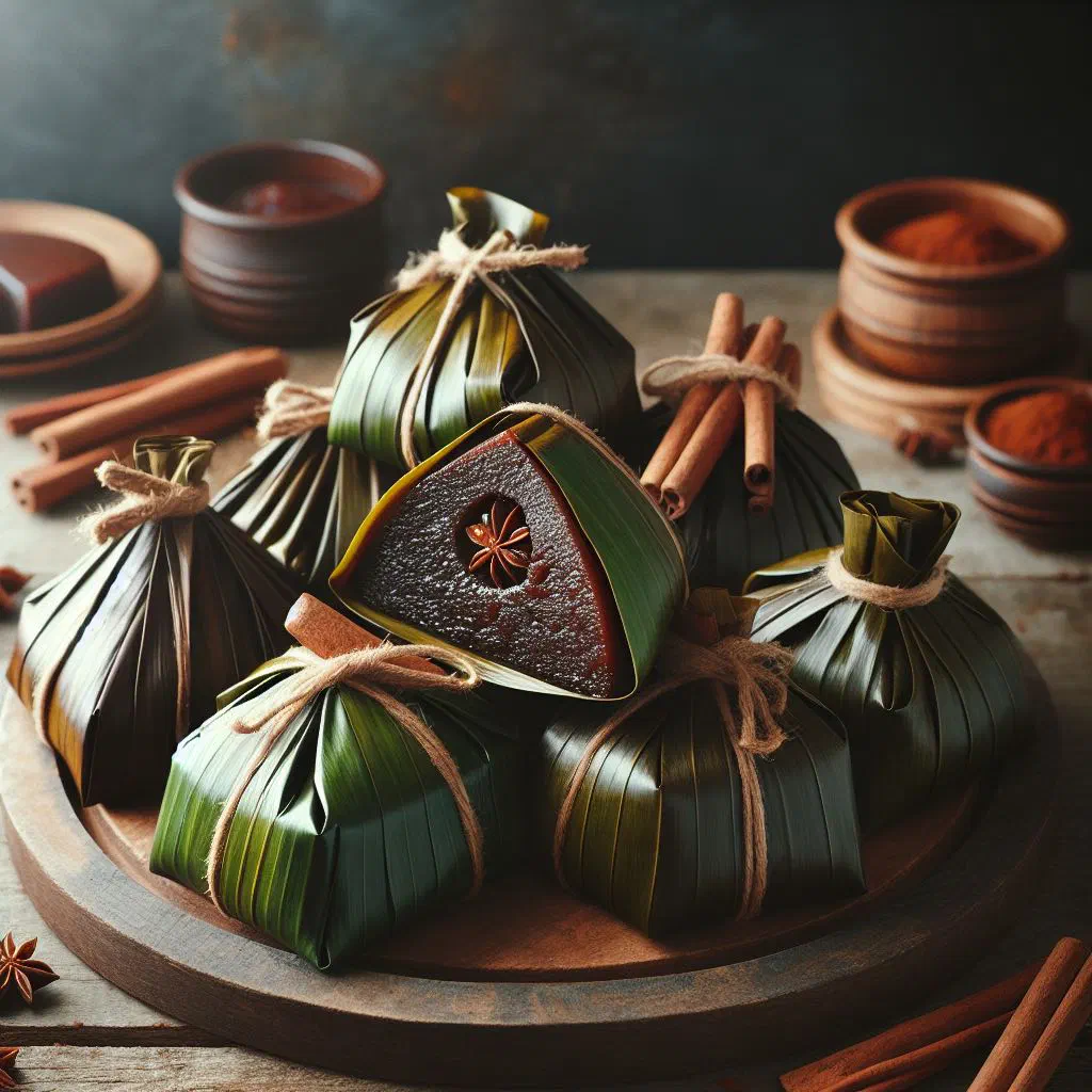 Steamed duckunoo parcels wrapped in banana leaves on a plate