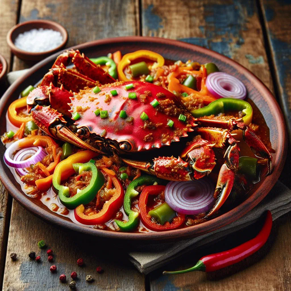 Escovitch crab in a tangy vinegar marinade with onion rings and carrot
