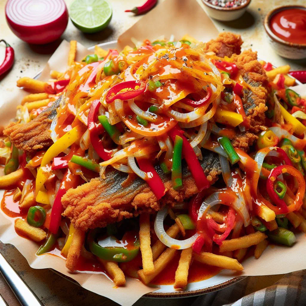 Whole fried fish topped with a colourful vinegar and vegetable escovitch marinade