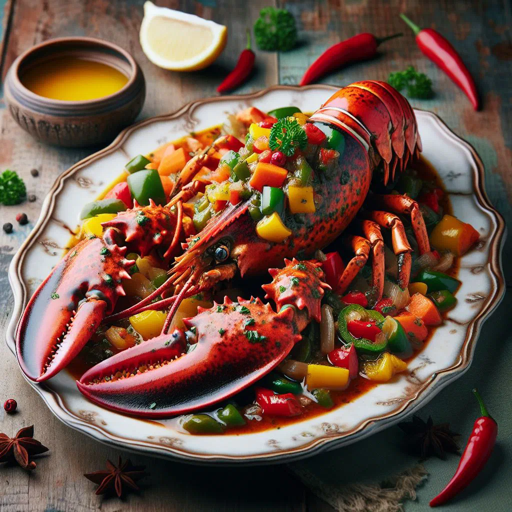 Escovitch lobster topped with a tangy vinegar marinade of onions, carrots and peppers