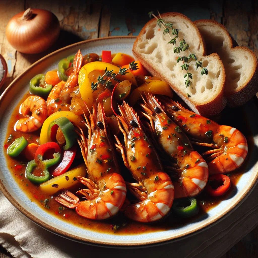 Escovitch prawns in a spiced vinegar marinade with onions, carrot and peppers