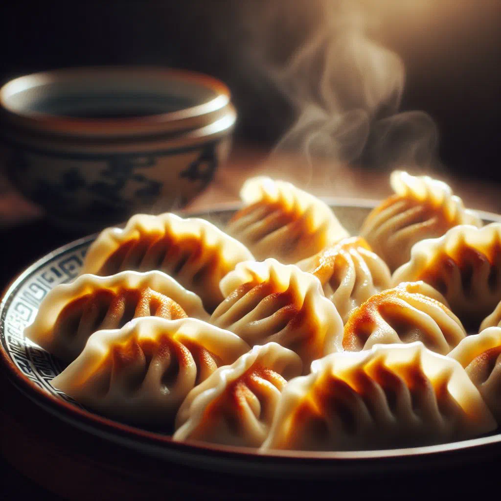 Golden fried dumplings piled on a plate