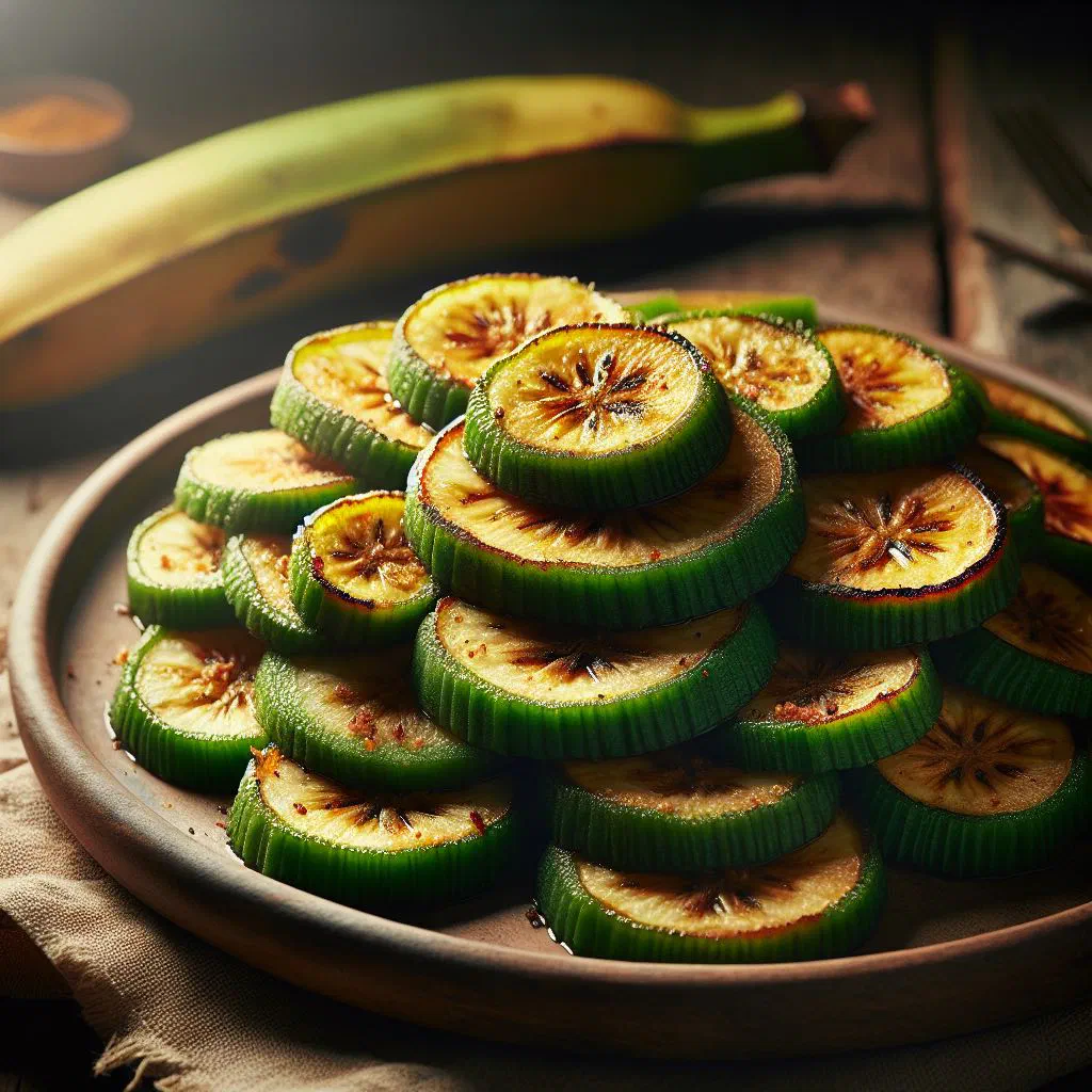 Golden fried green banana slices on a plate