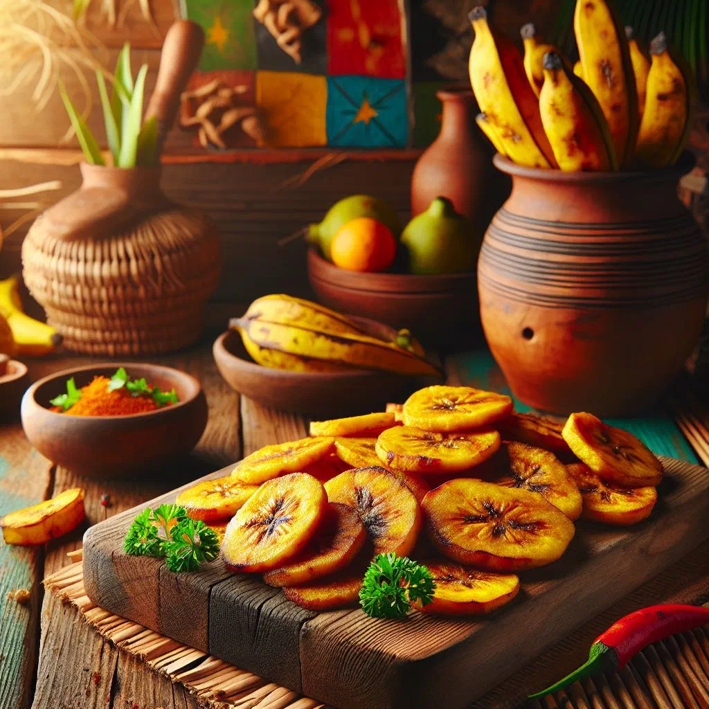 Golden fried plantain slices on a plate, crisp outside and soft inside
