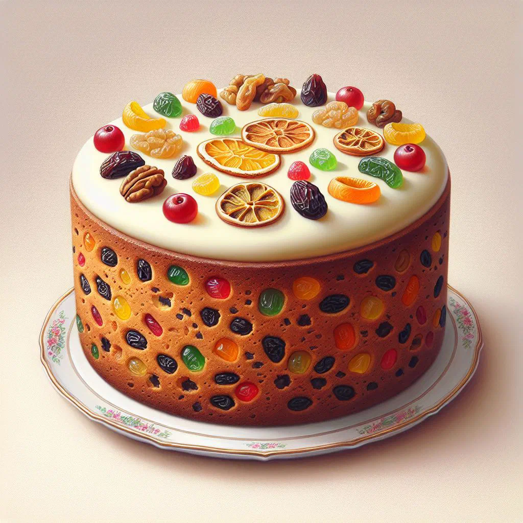 Slice of dark Jamaican fruitcake studded with dried fruit and nuts
