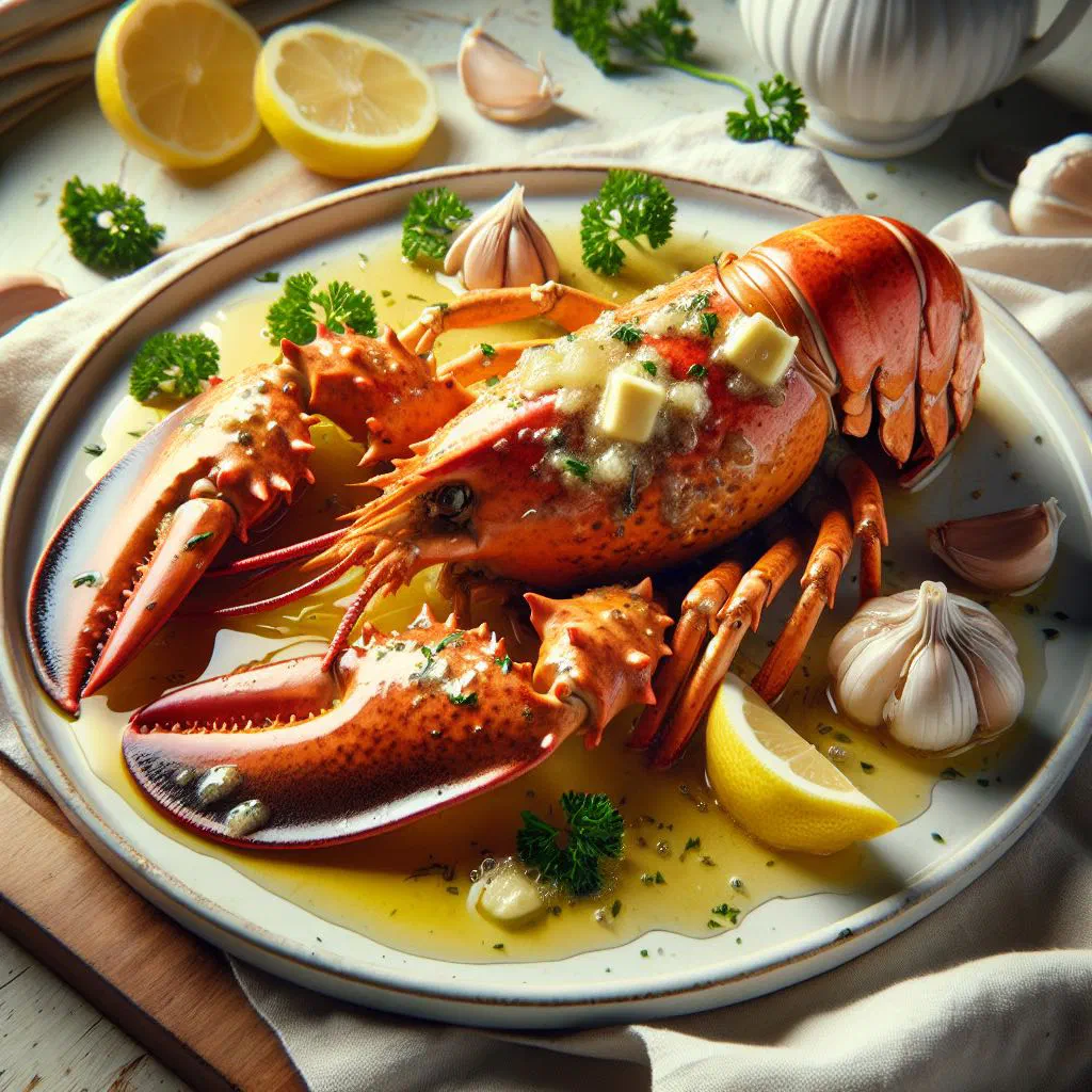 Grilled lobster tails glistening with garlic butter and fresh parsley