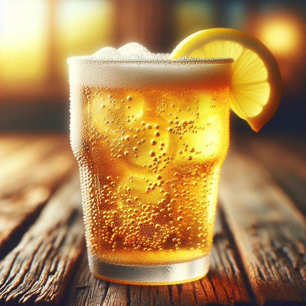 Glass of homemade Jamaican ginger beer with lime and ice
