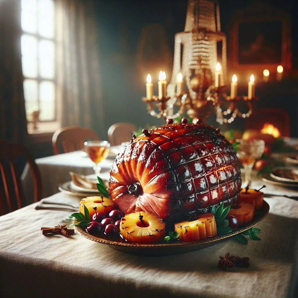 Glazed ham with a glossy brown sugar and honey coating