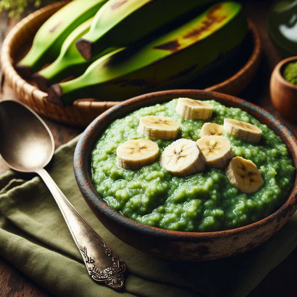 A creamy bowl of Jamaican green banana porridge dusted with cinnamon