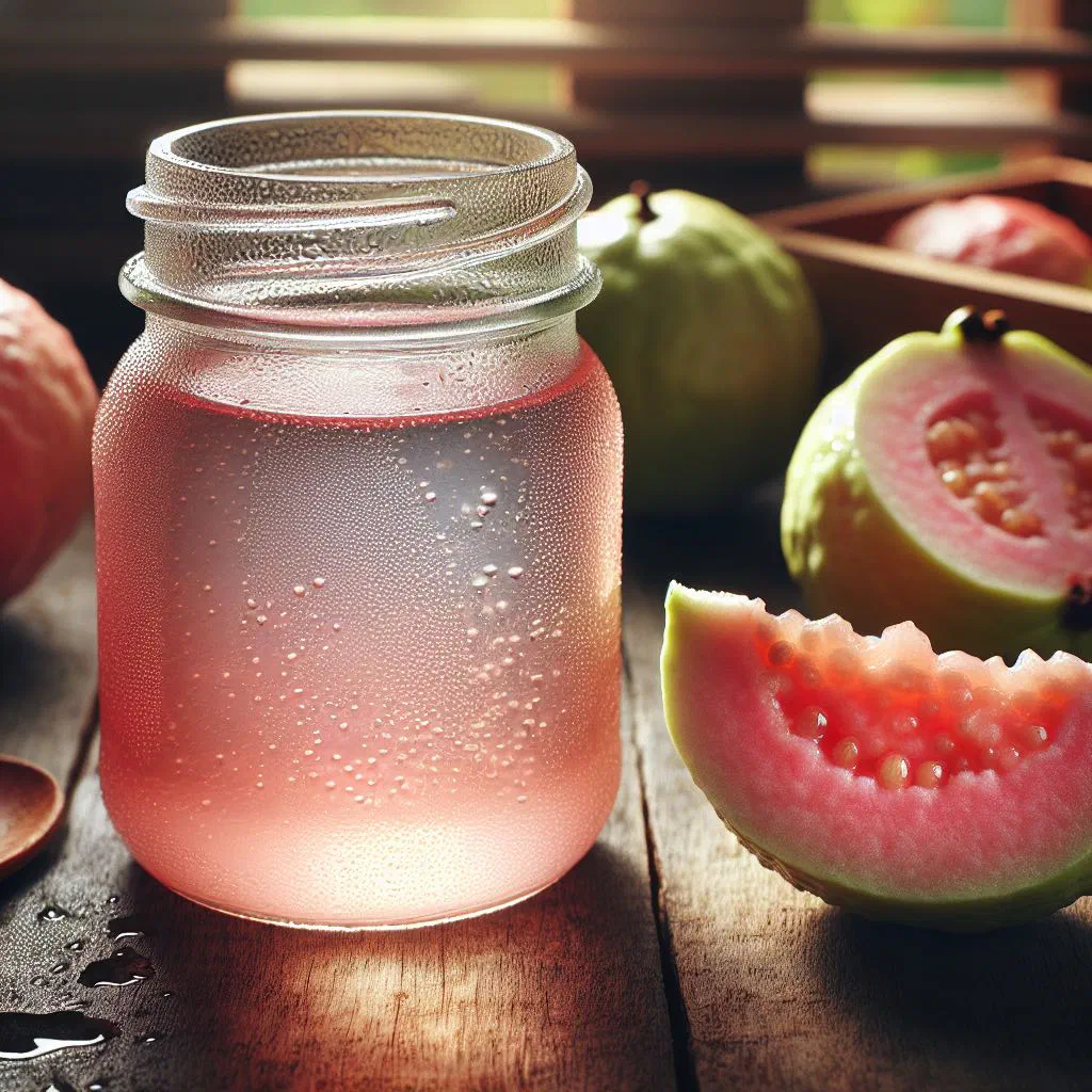 A jar of glossy pink guava jelly set on a wooden board