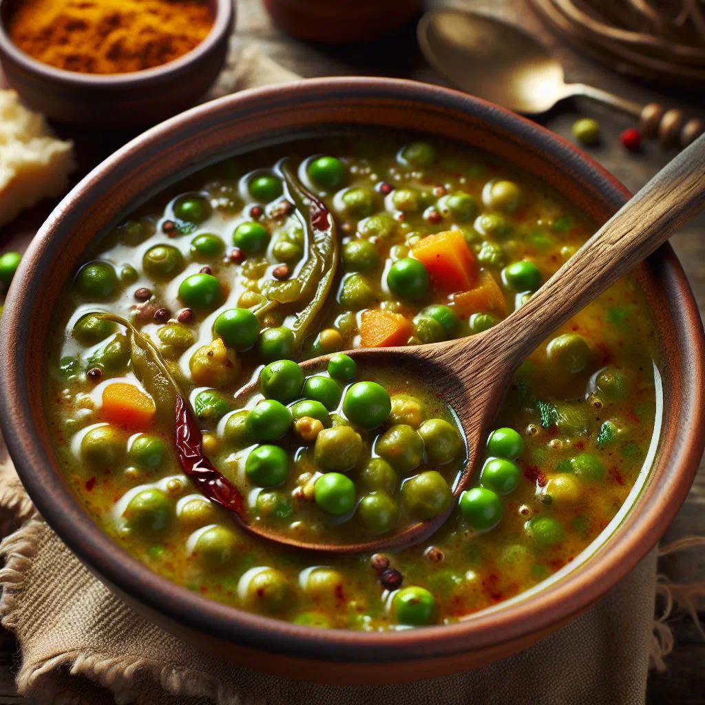 A steaming bowl of Jamaican gungo peas soup with vegetables and herbs