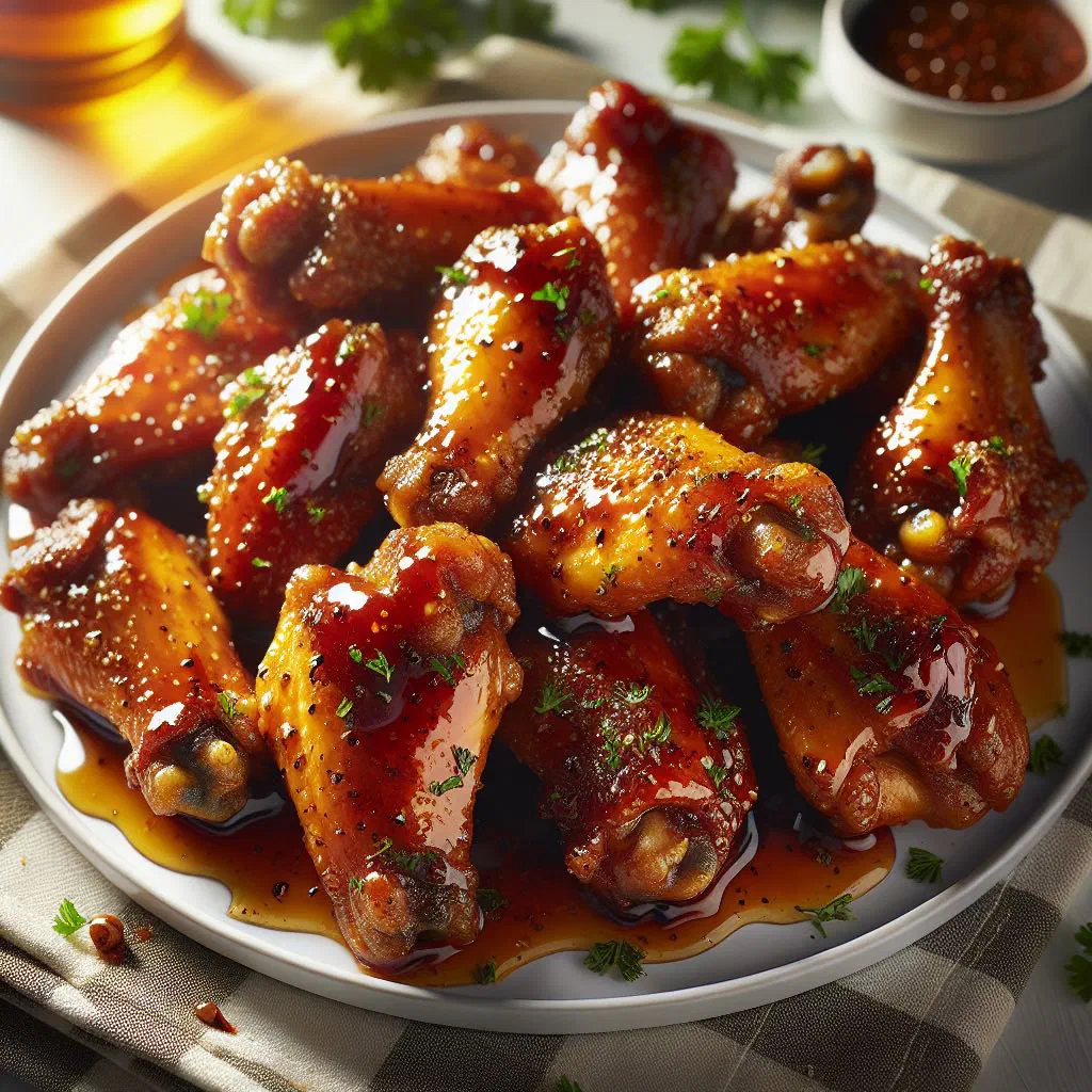 Sticky honey jerk chicken wings glazed and garnished with fresh lime
