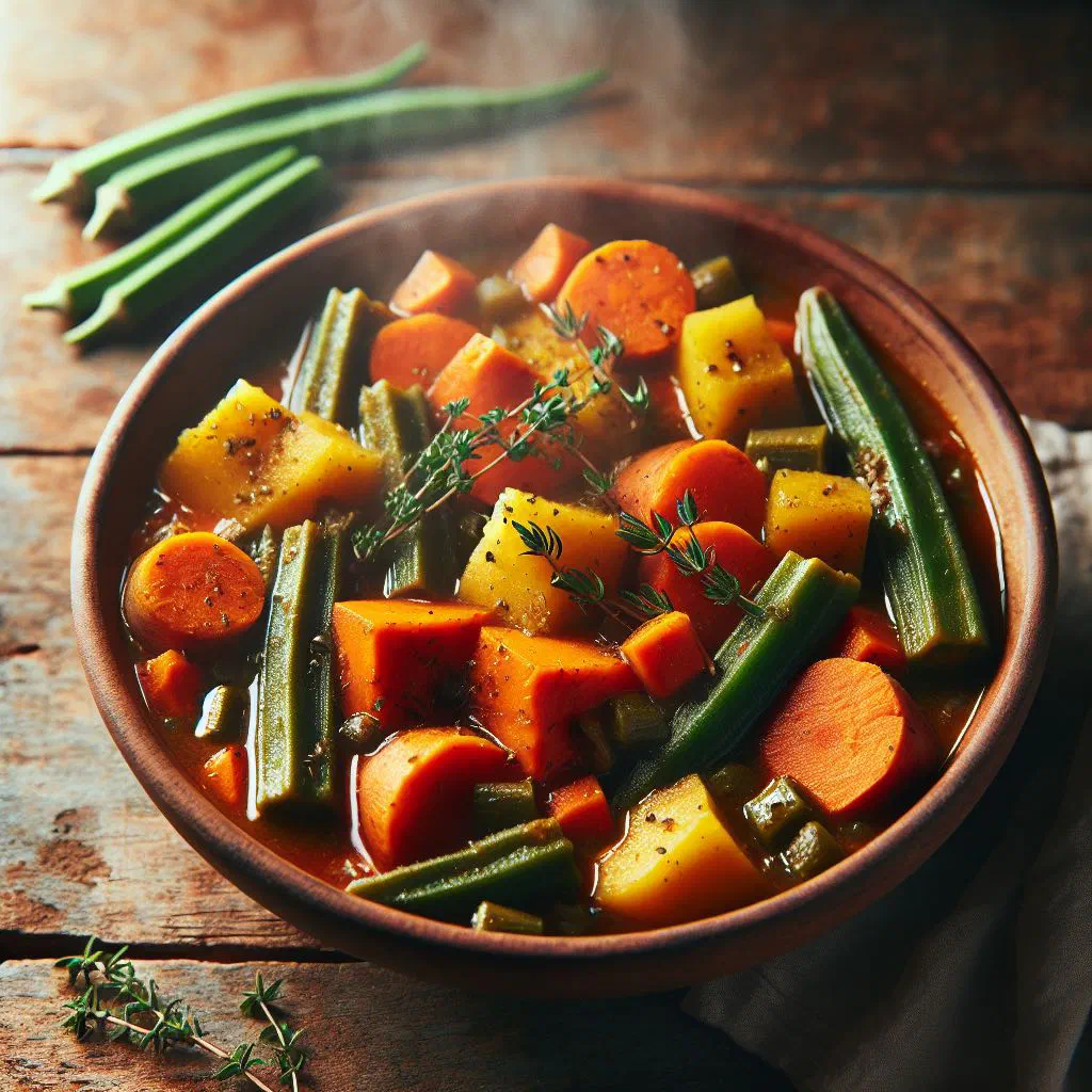 A colourful bowl of Jamaican ital stew with chickpeas and vegetables