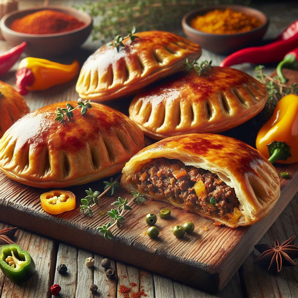 Golden Jamaican beef patties with a flaky pastry crust and spiced beef filling