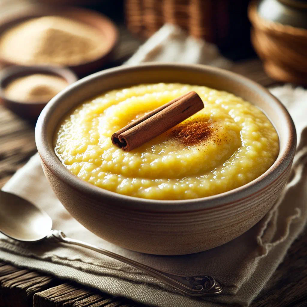 Bowl of creamy Jamaican cornmeal porridge dusted with cinnamon