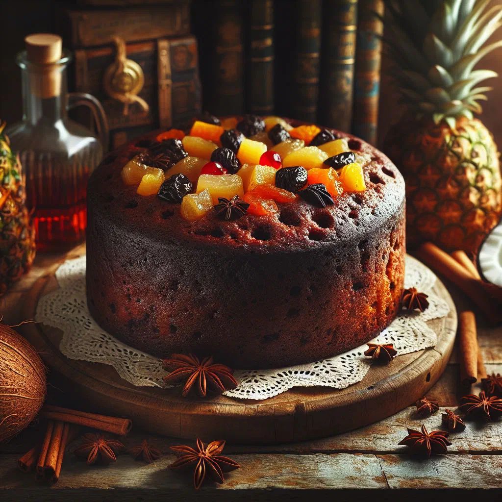 Sliced Jamaican rum cake studded with dried fruit on a plate