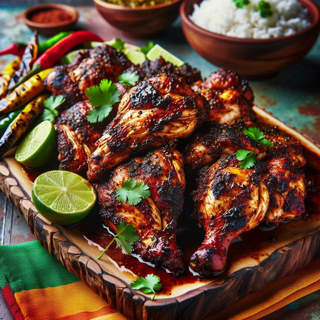 Grilled jerk chicken thighs with a dark, spiced crust and fresh lime