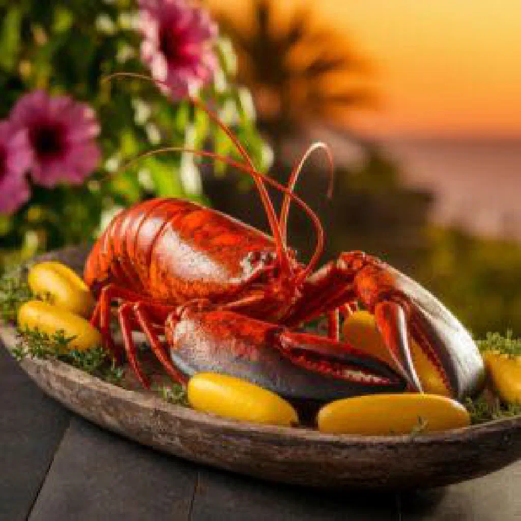 Grilled jerk lobster tail glazed with spicy marinade and a wedge of lime