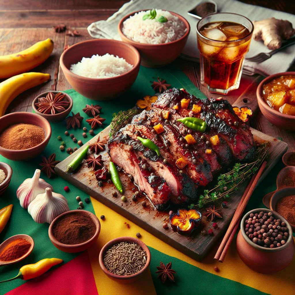 Grilled jerk pork pieces glazed with dark spice marinade on a wooden board