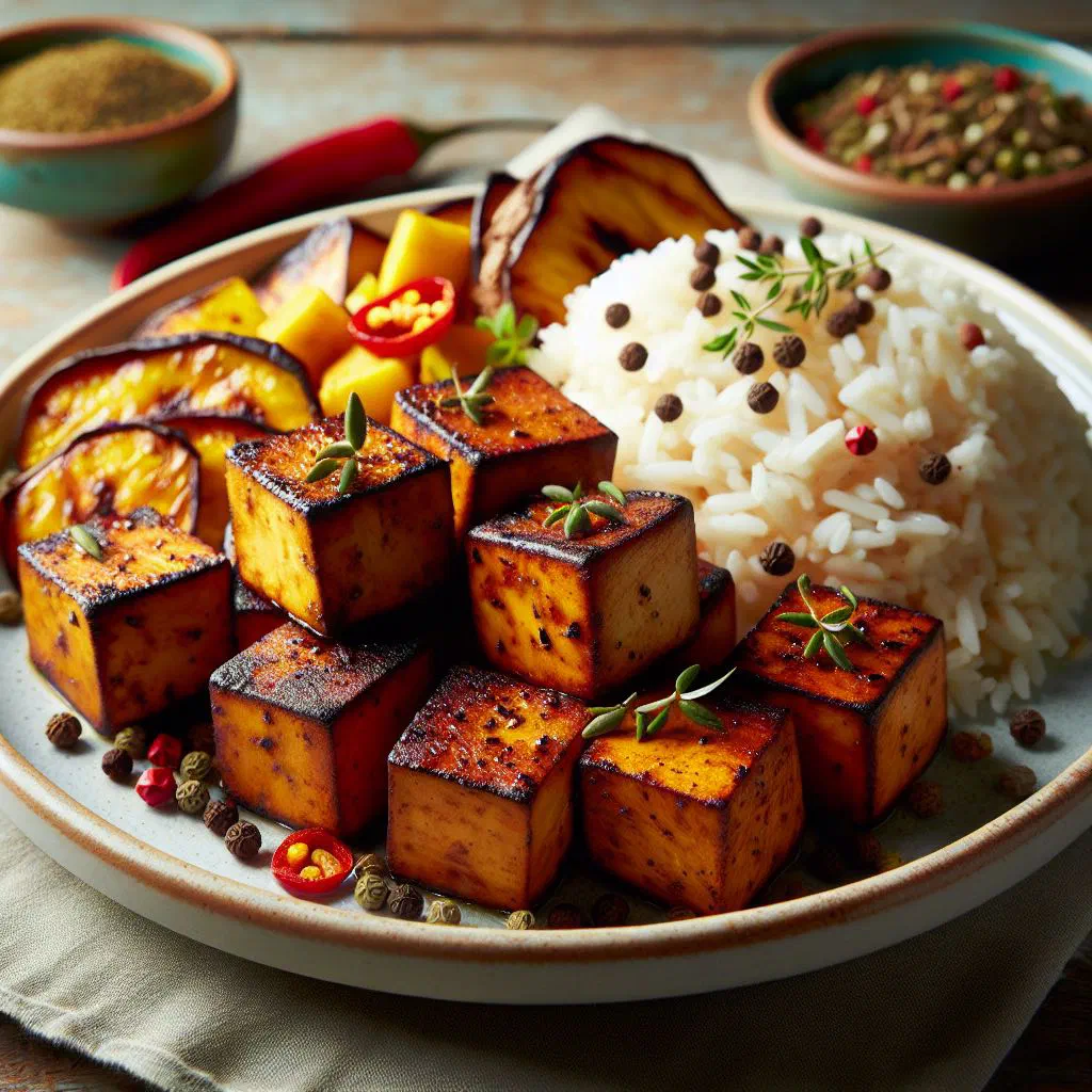Grilled jerk tofu cubes with charred peppers and onions on a plate