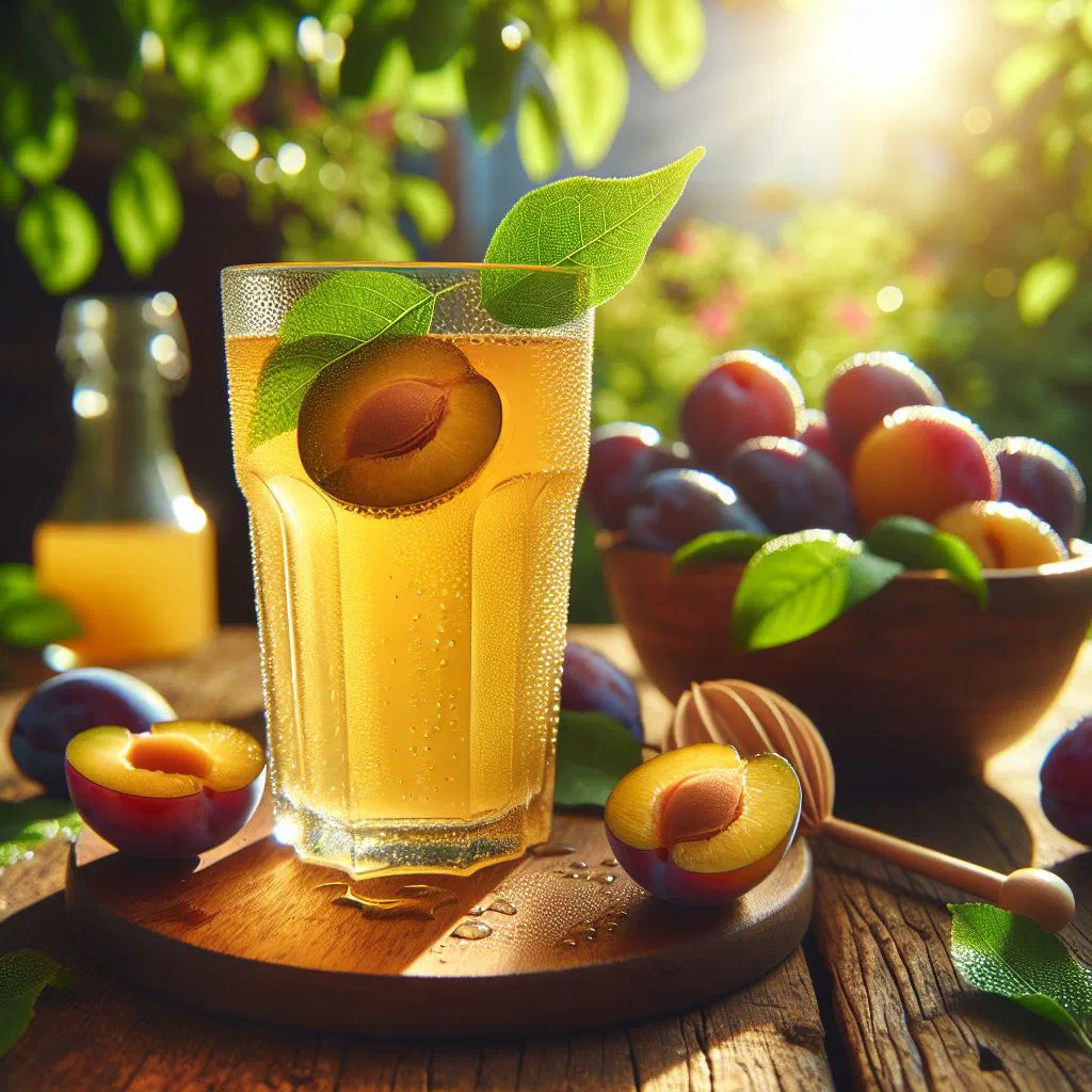 A tall glass of golden June plum juice garnished with lime and mint
