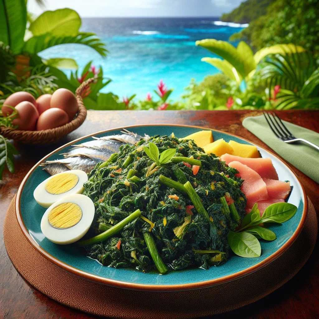 Sautéed kalalloo greens with flaked saltfish, peppers and onions