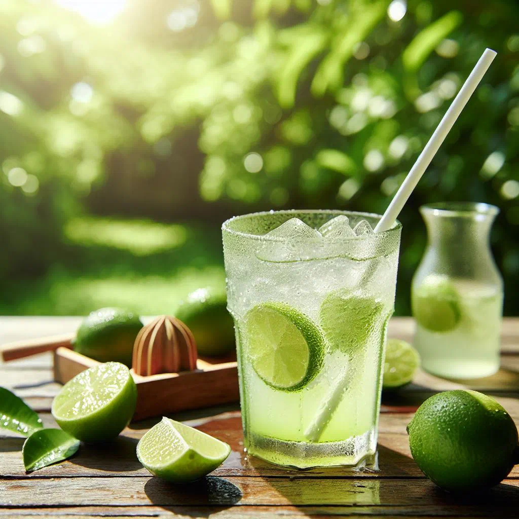 A tall glass of Jamaican limeade with ice and lime slices
