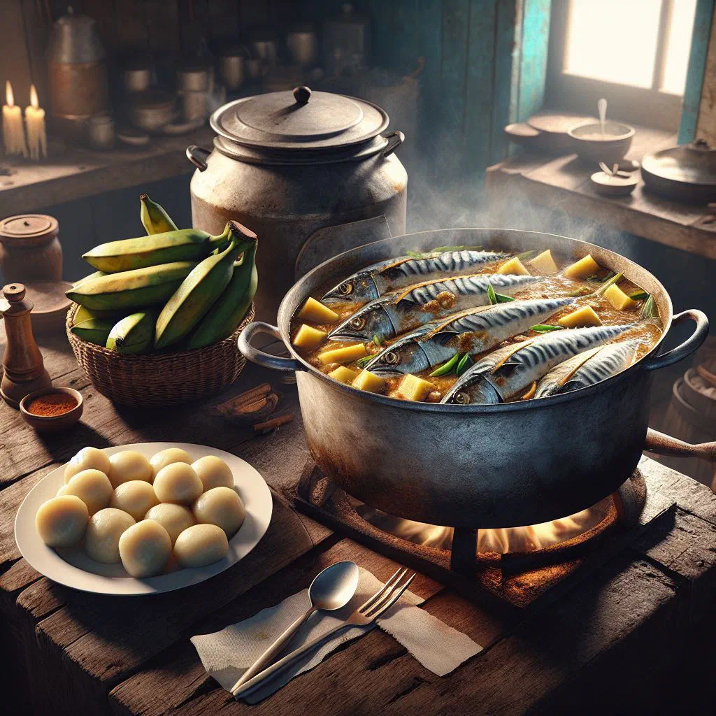 Mackerel fillets simmered in creamy coconut sauce with peppers and onions