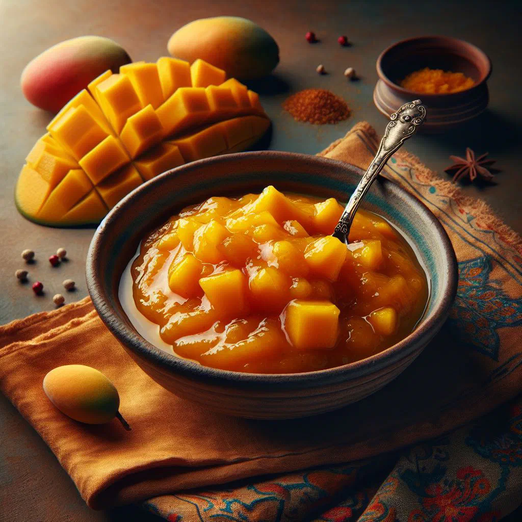 A jar of golden mango chutney with fresh herbs
