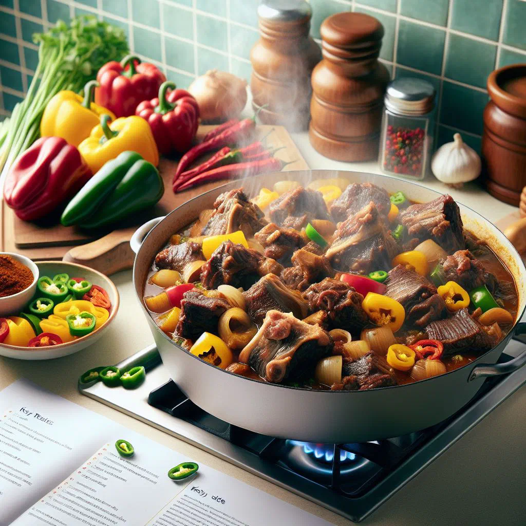 Braised Jamaican oxtail in rich brown sauce served with rice and peas