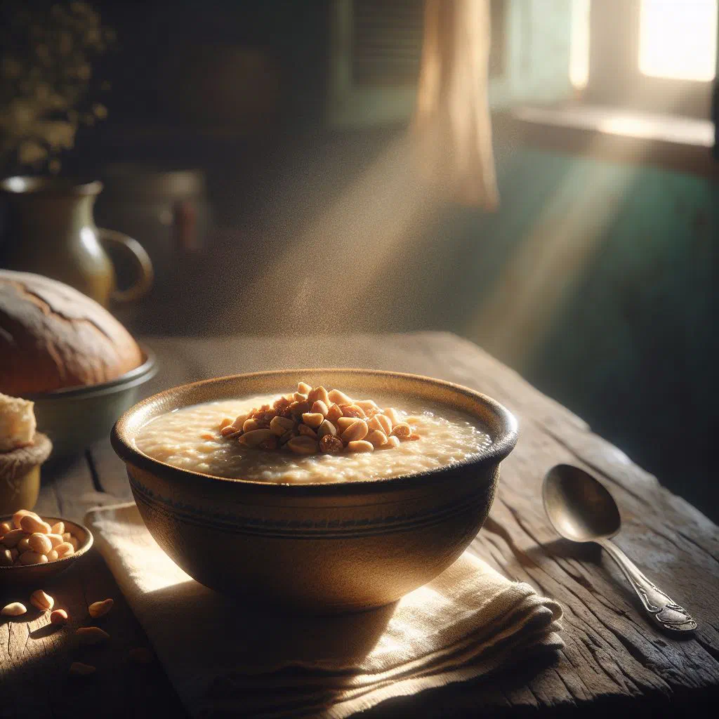 Bowl of creamy Jamaican peanut porridge dusted with cinnamon