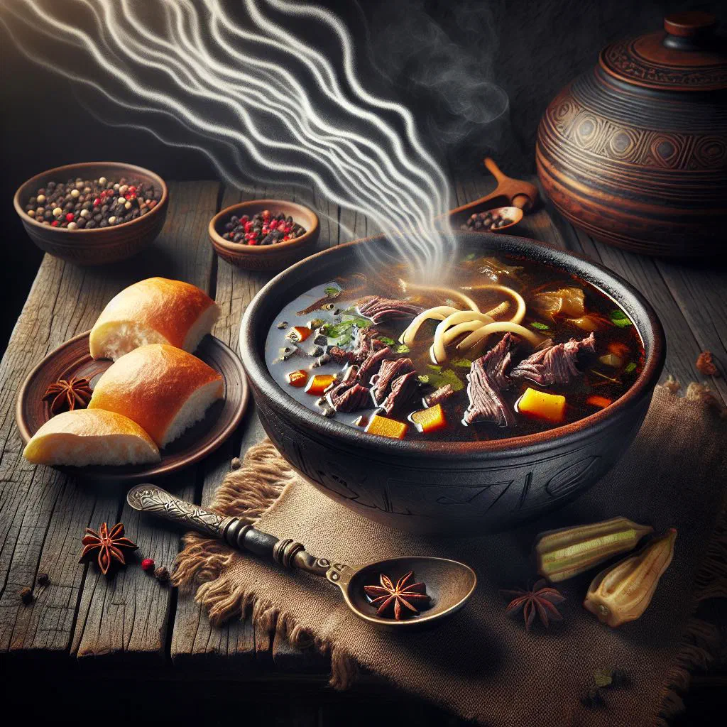 A steaming bowl of Jamaican pepper pot soup with tender meat and greens